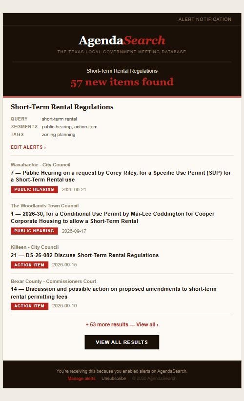 Sample AgendaSearch email alert showing new matching agenda items