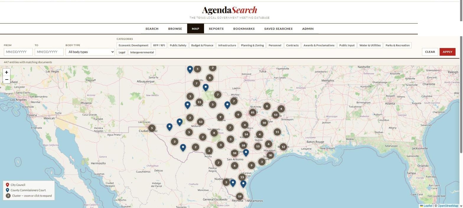 AgendaSearch statewide coverage map