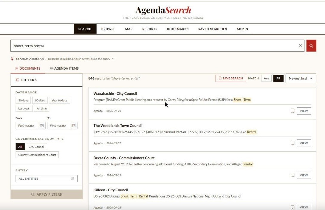 AgendaSearch full-text document search results