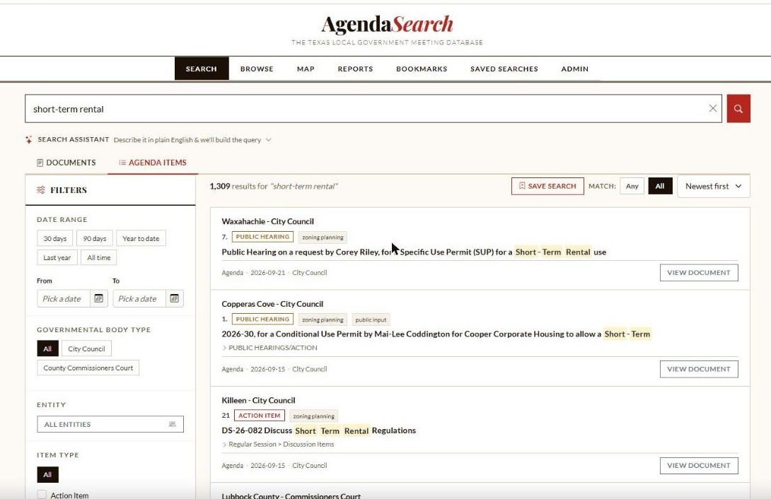 AgendaSearch agenda item-level search results with tags